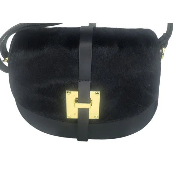 Charlie Leather Mack Black Leather & Black Fur Small Half Moon Crossbody Bag-NWT - Picture 10 of 12